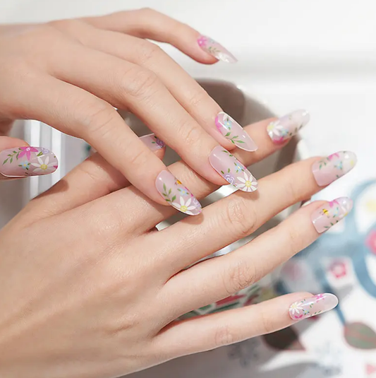 White Smoke Semi-Cured Gel Nail Wraps Summer Flowers with Bees