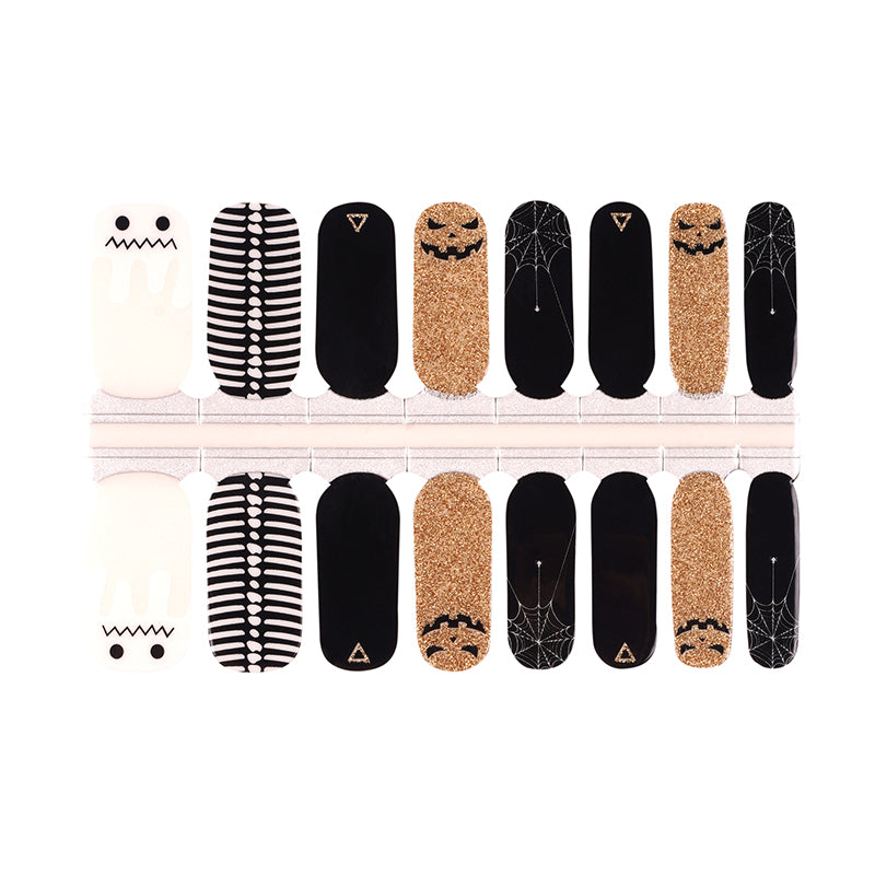 Visage effrayant de paillettes noires et dorées, toiles d'araignées, squelette Halloween