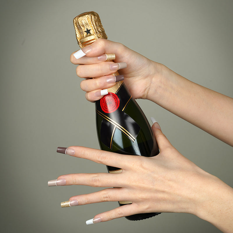 Dark Sea Green Grey, Brown and Gold Glitter French Manicure Clear Background Negative Space