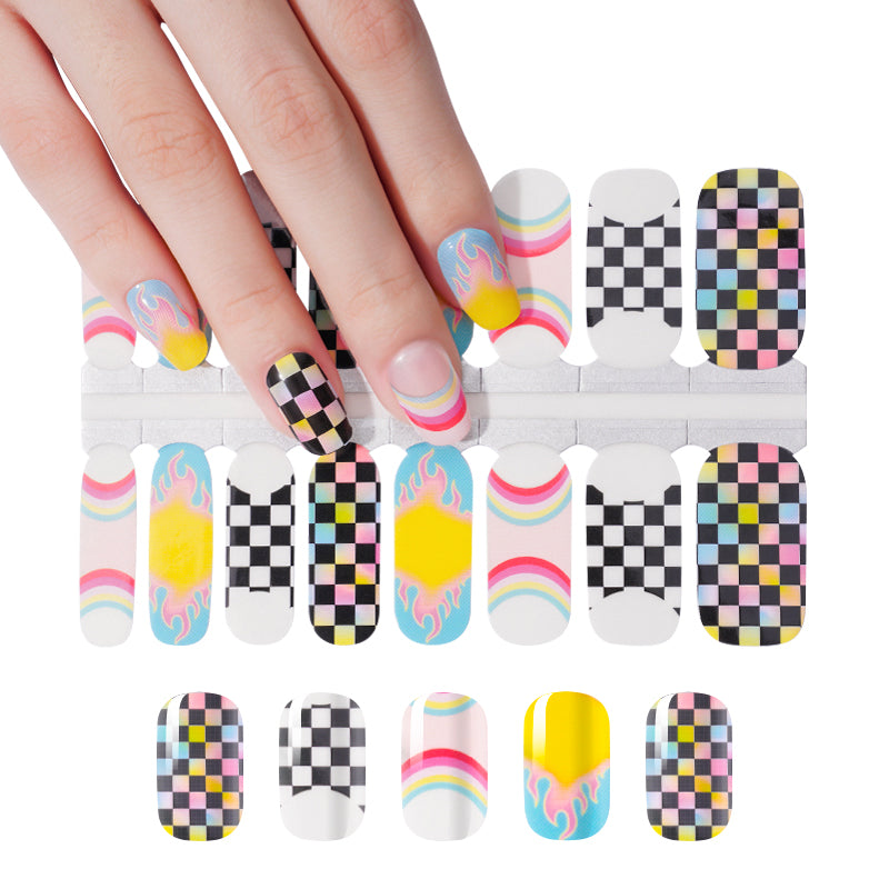 White Smoke Colorful Flame, Rainbow and Checkered French Manicure Racing