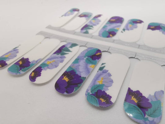 Gray White Background and Purple Flowers with Teal Leaves