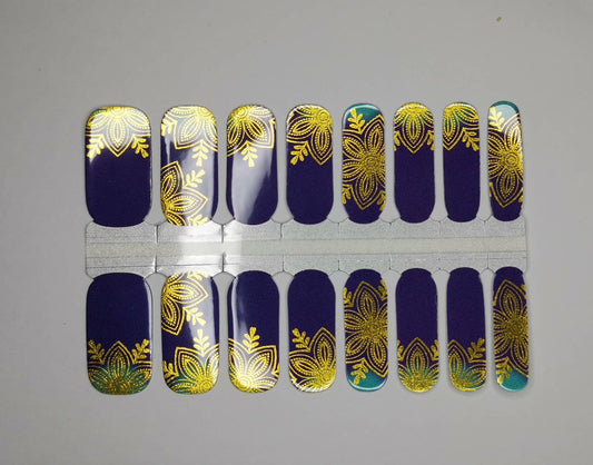 Dark Gray Gold Metallic Foil Floral Pattern with Navy Blue and Robin Egg Blue Ombre Gradient