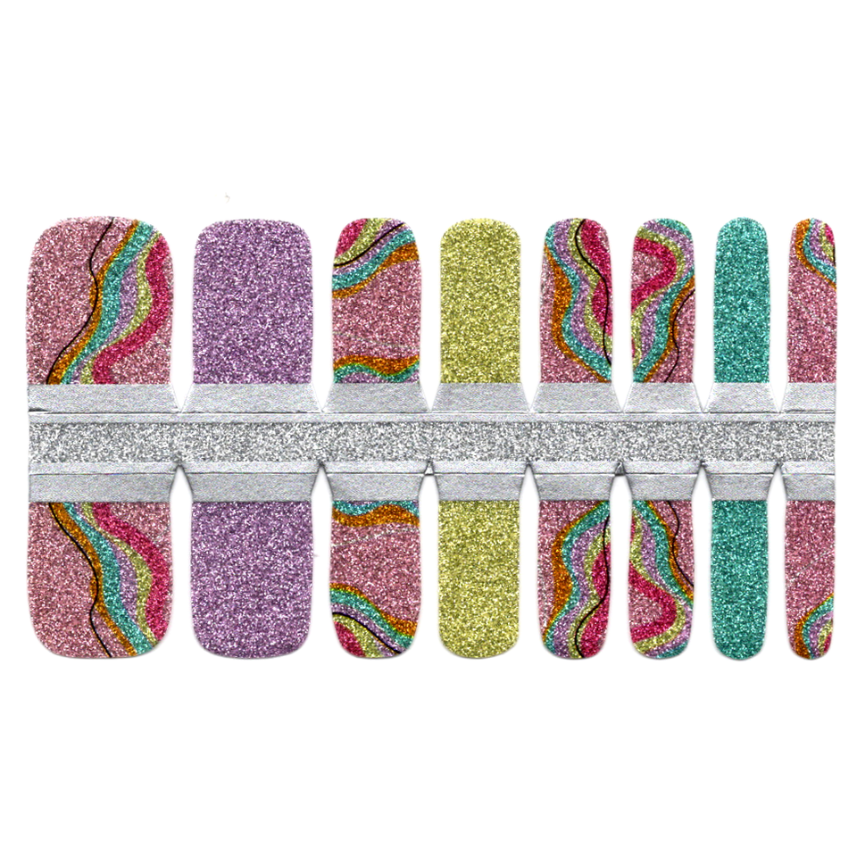 Toe Nails/Kids Nail Wraps Pink, Blue and Yellow Glitter with Waves