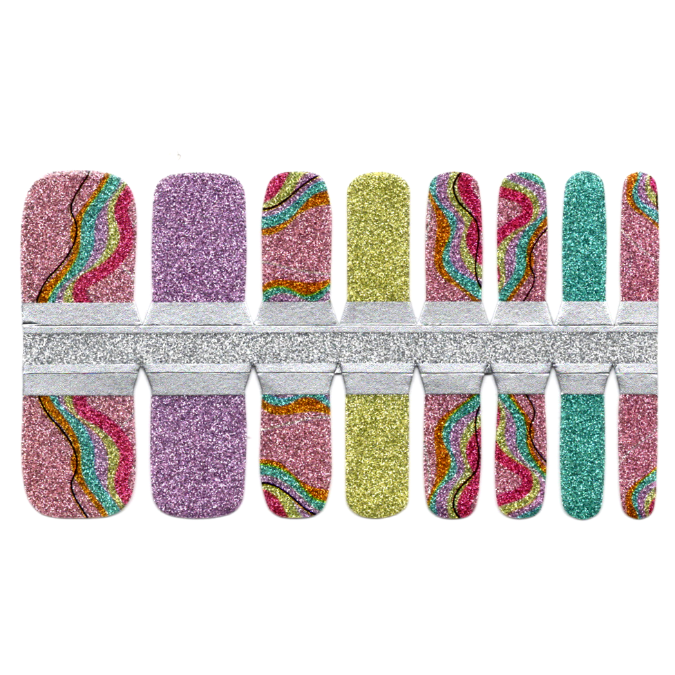Toe Nails/Kids Nail Wraps Pink, Blue and Yellow Glitter with Waves
