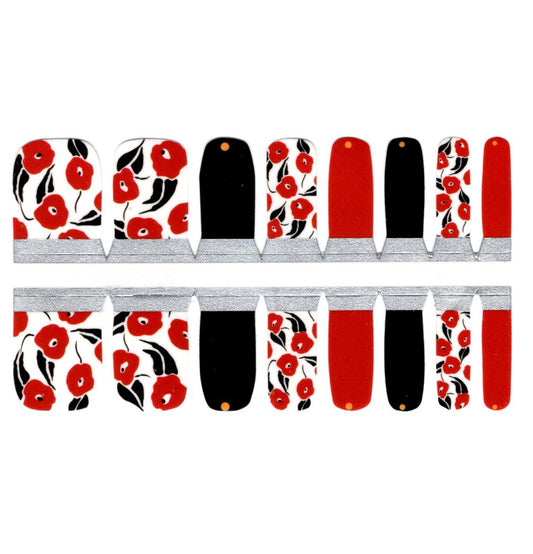 Toe Nails/Kids Nail Wraps Red Black Poppy Flowers