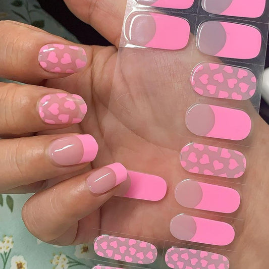 Semi-Cured Gel Nail Wraps Barbiecore Pink French Manicure Hearts