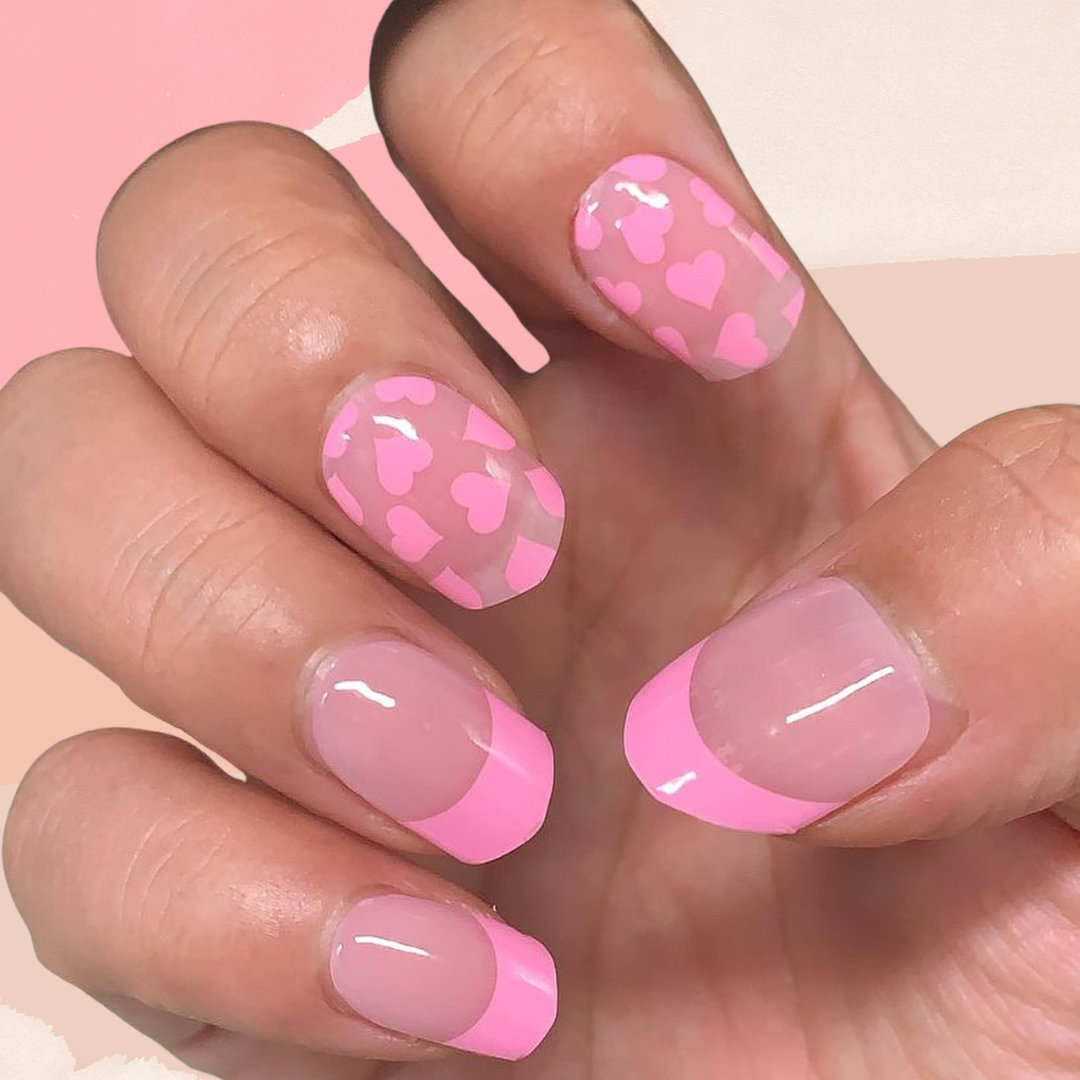 Semi-Cured Gel Nail Wraps Barbiecore Pink French Manicure Hearts