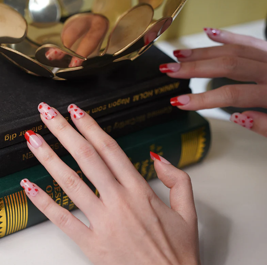 Semi-Cured Gel Nail Wraps Red French Manicure Hearts