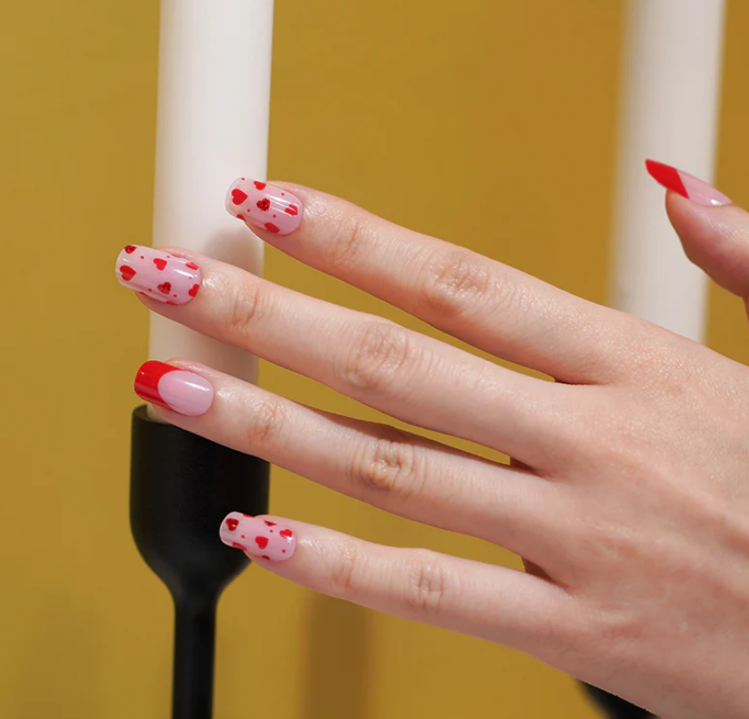 Semi-Cured Gel Nail Wraps Red French Manicure Hearts