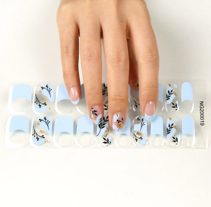 Semi-Cured Gel Nail Wraps Blue French Manicure Black Leaves