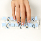 Semi-Cured Gel Nail Wraps Blue French Manicure Black Leaves