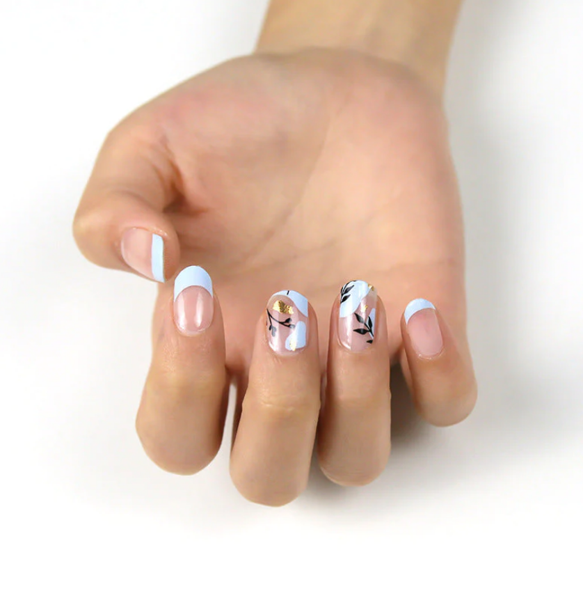 Semi-Cured Gel Nail Wraps Blue French Manicure Black Leaves