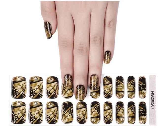 Semi-Cured Gel Nail Wraps Gold Black Butterfly Wing
