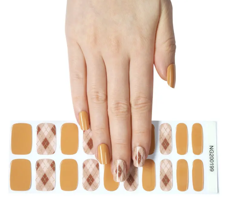 Semi-Cured Gel Nail Wraps Fall Orange Beige Plaid