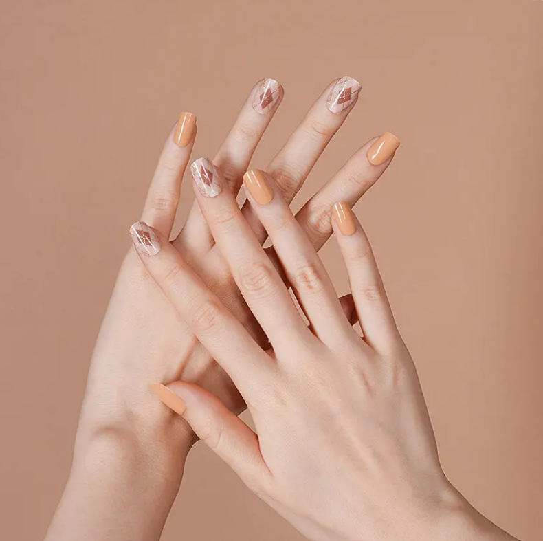 Semi-Cured Gel Nail Wraps Fall Orange Beige Plaid