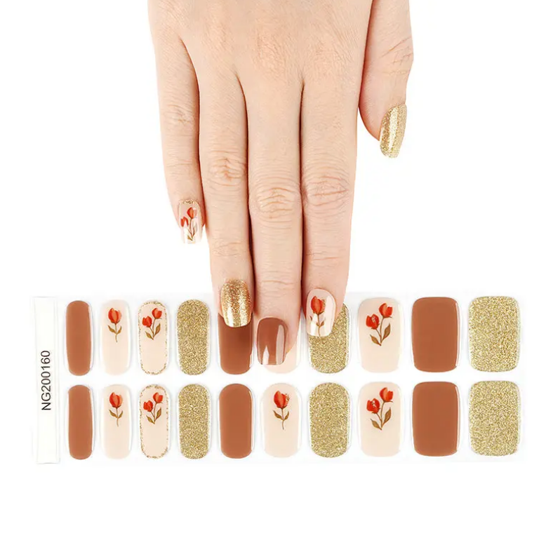 Semi-Cured Gel Nail Wraps Red Flowers Gold and Brown