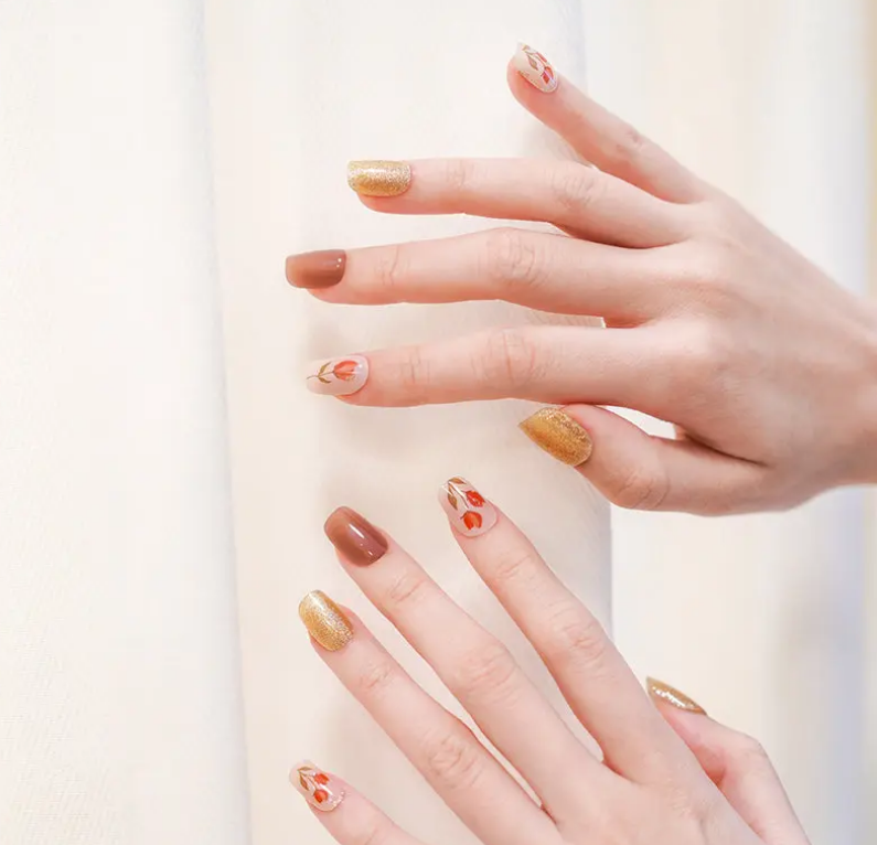 Semi-Cured Gel Nail Wraps Red Flowers Gold and Brown