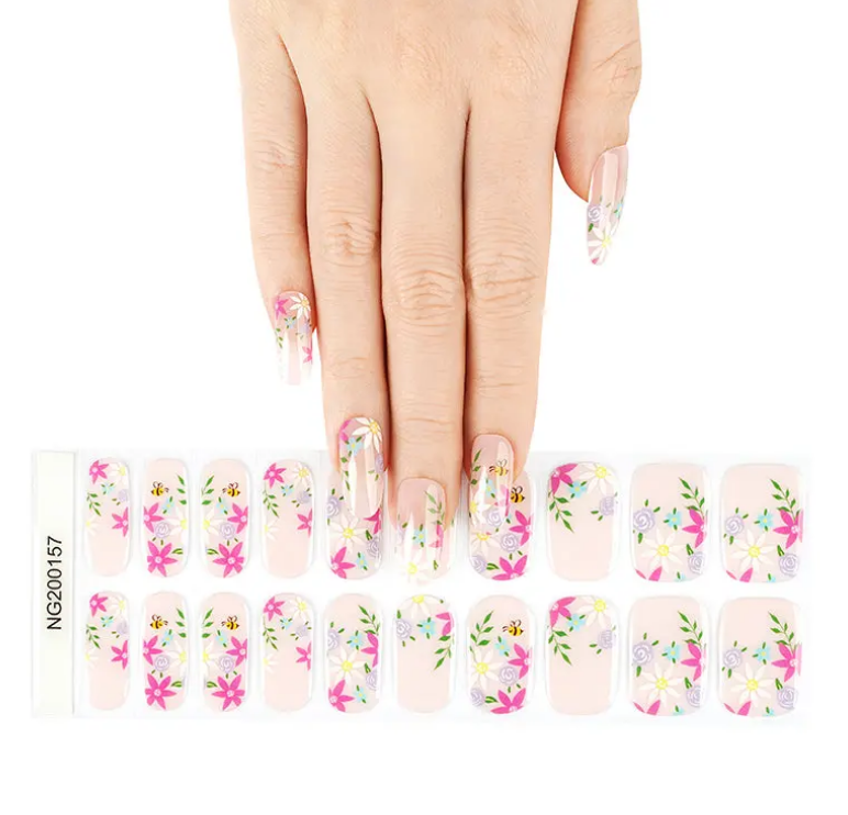 Semi-Cured Gel Nail Wraps Summer Flowers with Bees