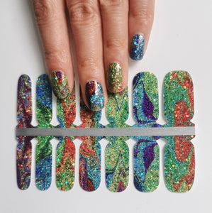 Big Size Wide Nail Wraps Green, Orange, Blue Glitter Swirls