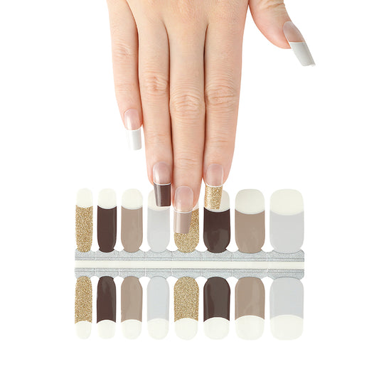 White Smoke Grey, Brown and Gold Glitter French Manicure Clear Background Negative Space