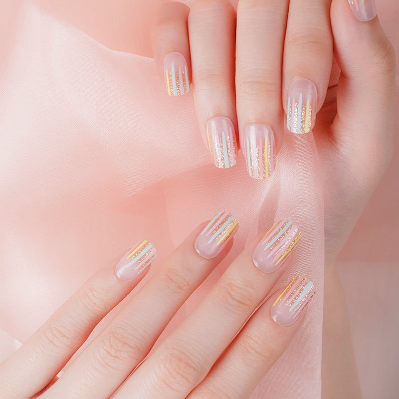 Pastel Colors with Gold Glitter Lines French Manicure Negative Space