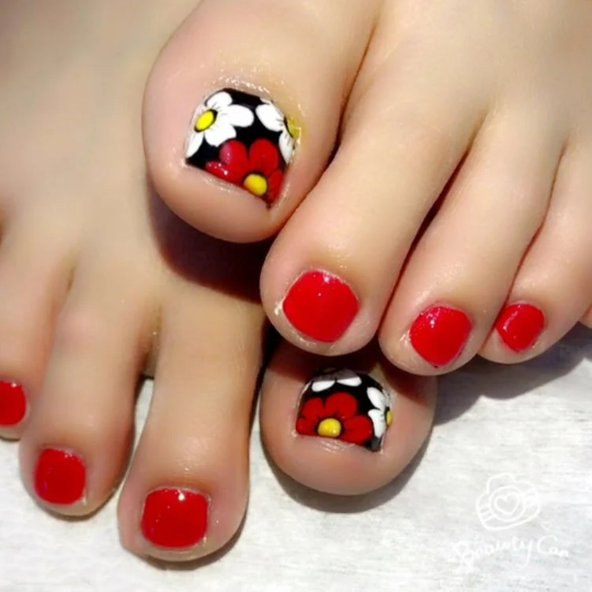 Toenails/ Kids Nail Wraps Red and White Flowers with Gold Glitter