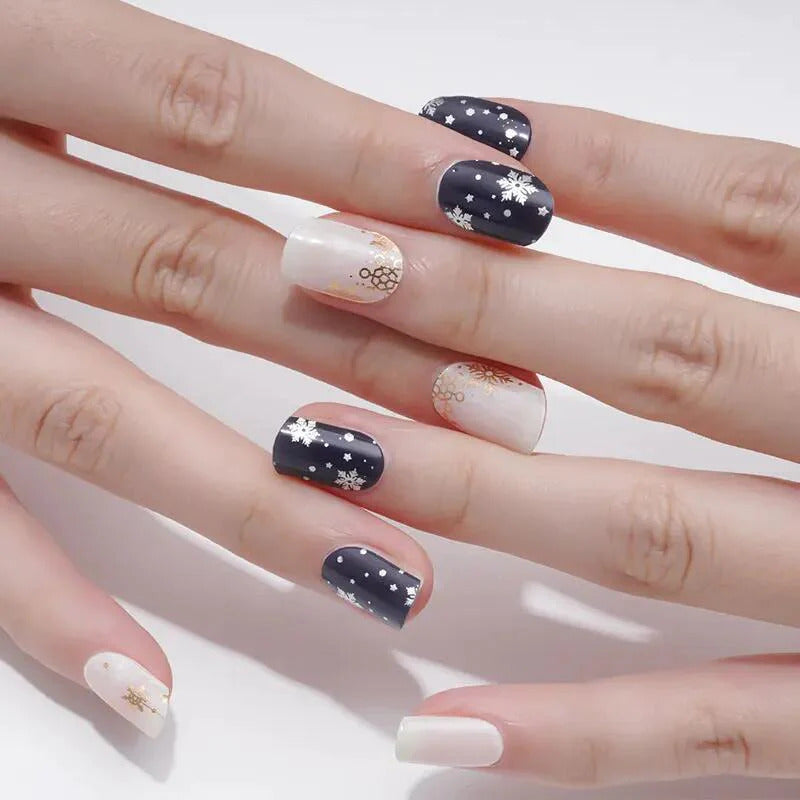 Semi-Cured Gel Nail Wraps Navy Blue White Gold Snowflakes Moon