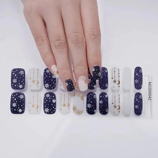 Semi-Cured Gel Nail Wraps Navy Blue White Gold Snowflakes Moon