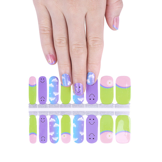 Preppy French Manicure Sky Clouds Blue, Purple, Green