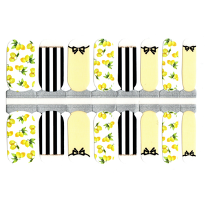 Yellow, Black and White Striped with Bows and Lemons Clear Top French Mani