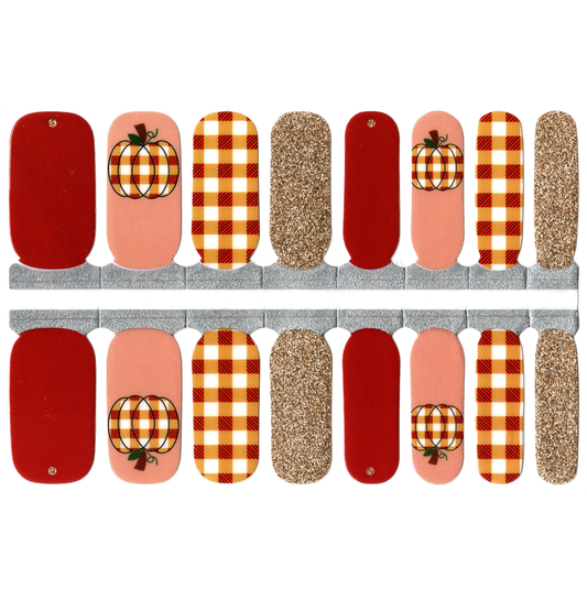 Fall Autumn Plaid Pumpkins Dark Red, Orange and Peach Beige with Gold Glitter