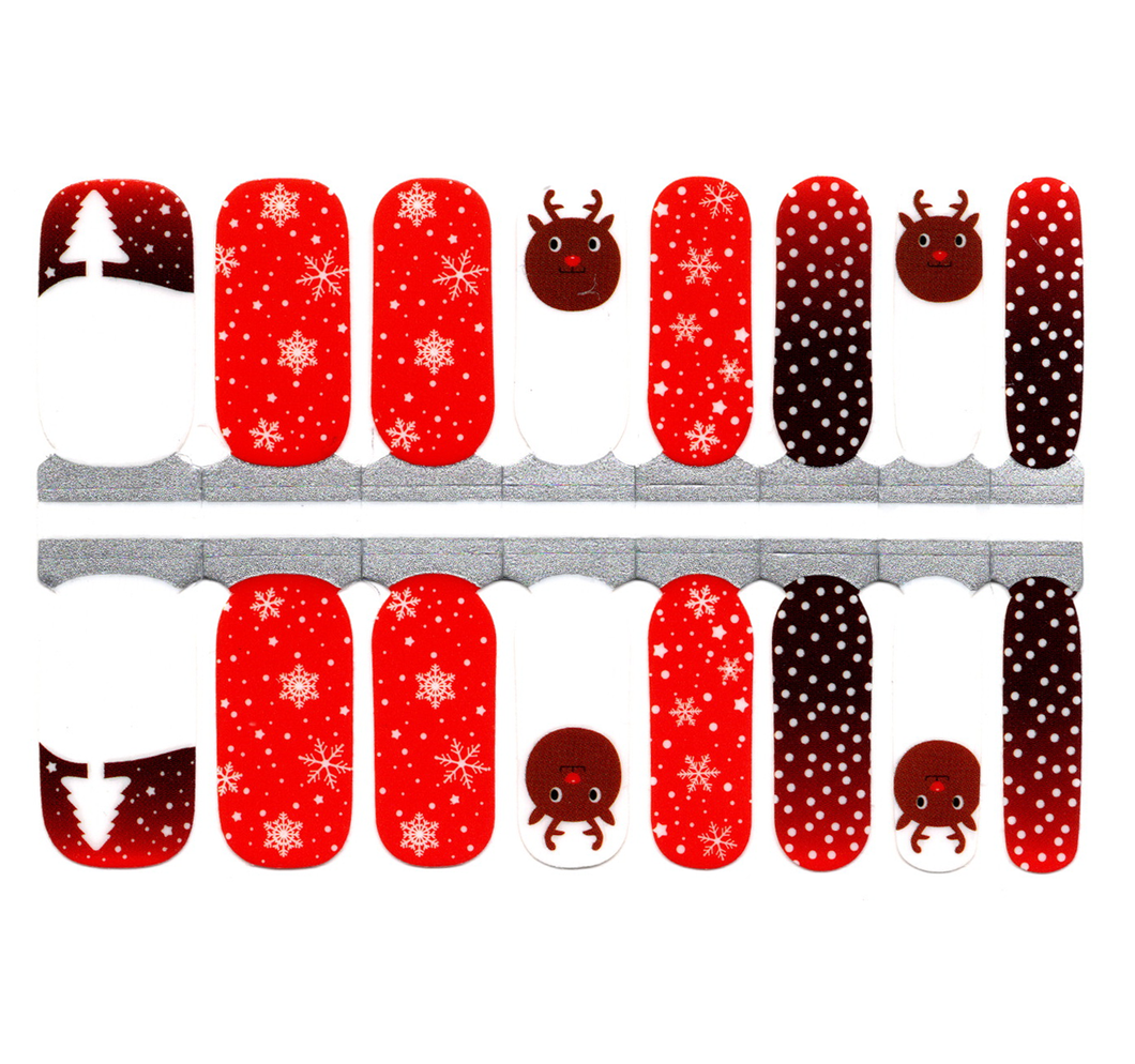 Renne blanc et rouge, chutes de neige, flocons de neige, sapin de Noël