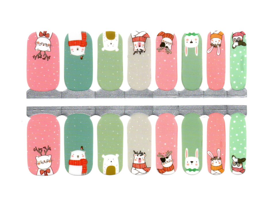 Polar Bears, Cats, Dogs, Bunnies in Scarves, Pink, Green and Grey with Snow Christmas