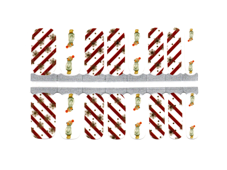 Blanc et rouge avec des flocons de neige dorés, ours en chapeau et veste, Noël