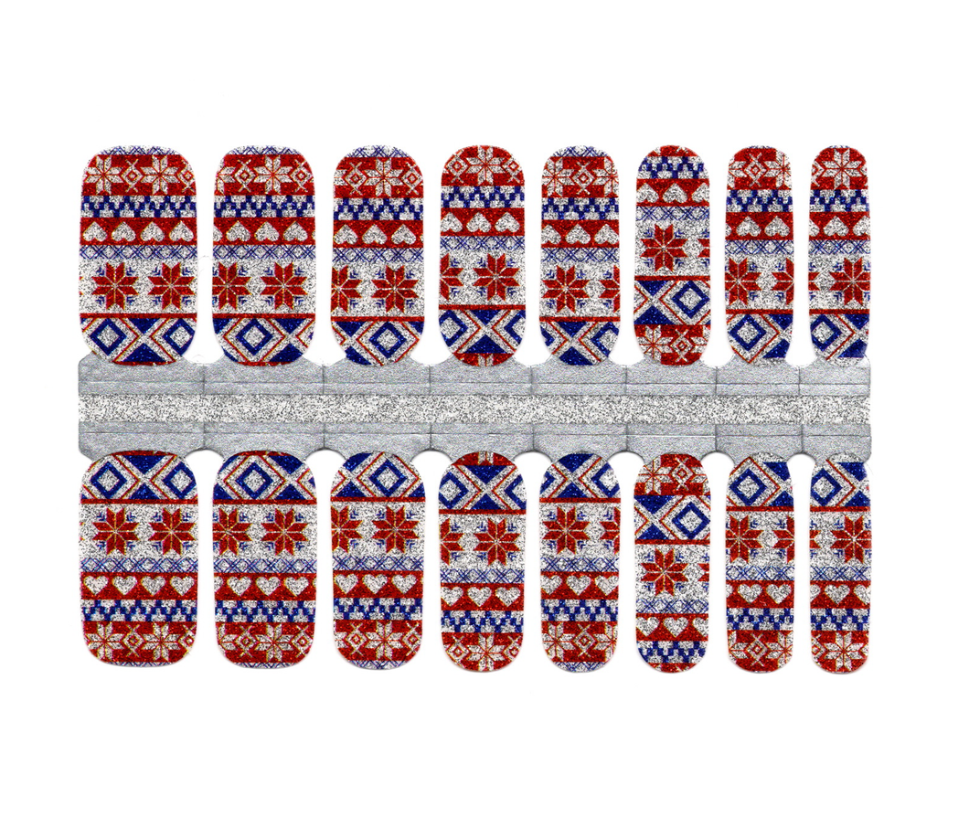 Argent scintillant, rouge, bleu, motif de pull de vacances Noël