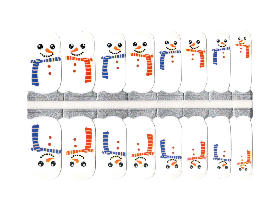 White Snowmen with Blue and Red Scarves, Clear Top, Christmas