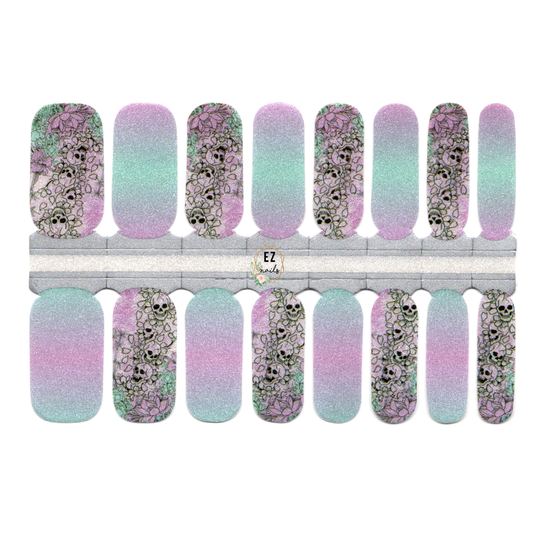 Sculls with Flowers Purple to Aqua Ombre Gradient Shimmer Halloween