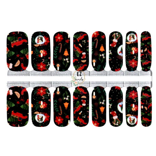 Christmas Pattern Red Truck, Poinsettia Flower, Candy Cane, Snow Globe, Candles Black