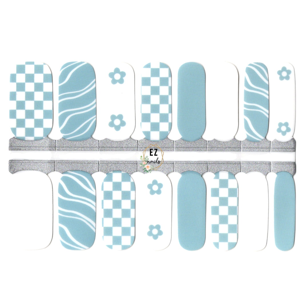 White and Baby Blue Checkered with Flowers and Waves