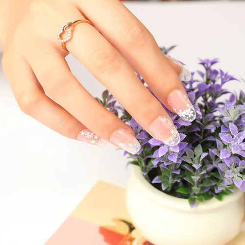White Flowers French Manicure with Side Design and Clear Background