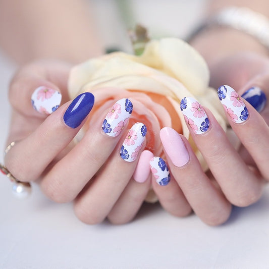 Pink and Navy Blue Flowers with White Background Solid Colors