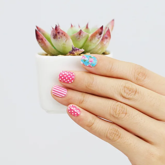 Pink and White Polka Dot Striped and Robin Egg Blue with Pink Roses Retro Style