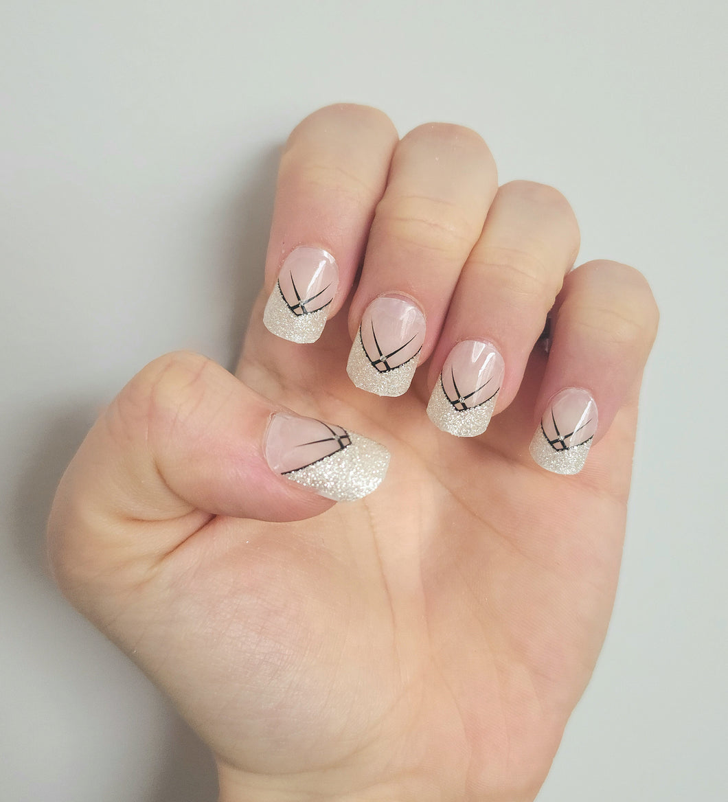 Exclusive Ivory Silver Glitter with Black Lines and Clear Background French Manicure Long Nails