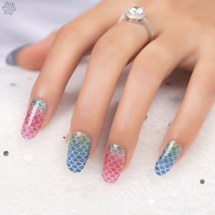 Fish Scale, Mermaid Tail Green, Pink and Blue Ombre Gradient with Glitter
