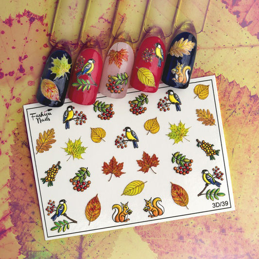 3D Fall Autumn Leaves, Birds, Rowan Berries, Squirrels