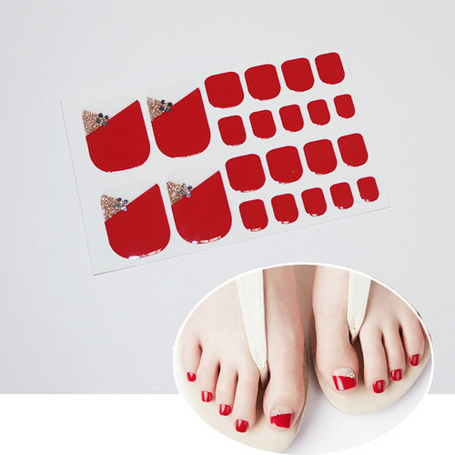 Red with Gold Glitter and Silver Rhinestones French Manicure Toe Nail Wraps