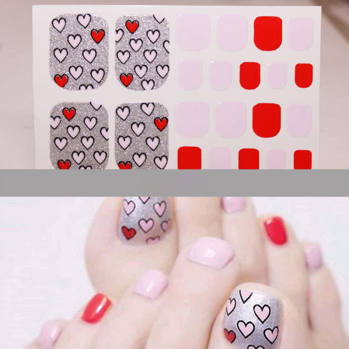 Light Pink and Red Black Outline Hearts on Silver Glitter Toe Nails