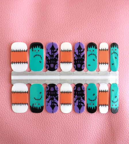 Orange, Green and Purple Haunted House French Manicure Halloween