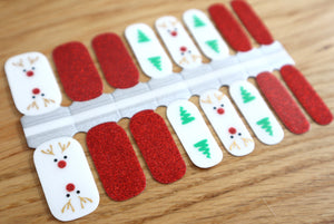 Reindeer Face and Christmas Tree Clear Background Negative Space with Red Glitter