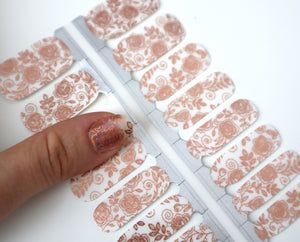 Rose Gold Foil Roses Flowers with Leaves and Vines Clear Lace Overlay Negative Space